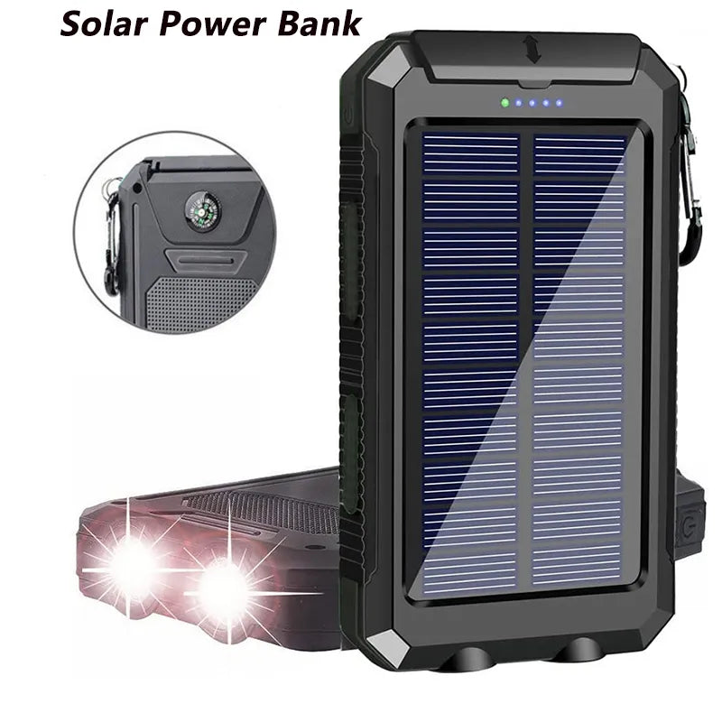 Portable Solar Power Bank Powerful Charging Powerbank External Battery Charger Strong Light LDE Light for All Smartphones 20000