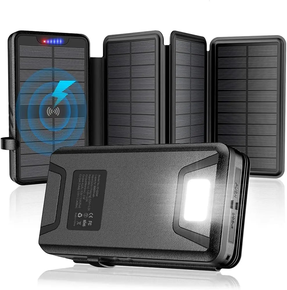 Solar Charger 38800Mah Solar Power Bank with Dual 5V3.1A Outputs 10W Qi Wireless Charger Waterproof Built-In Solar Panel and Bright Flashlights