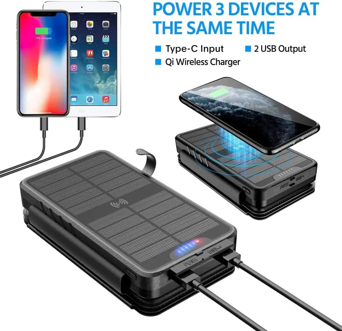 Solar Charger 38800Mah Solar Power Bank with Dual 5V3.1A Outputs 10W Qi Wireless Charger Waterproof Built-In Solar Panel and Bright Flashlights