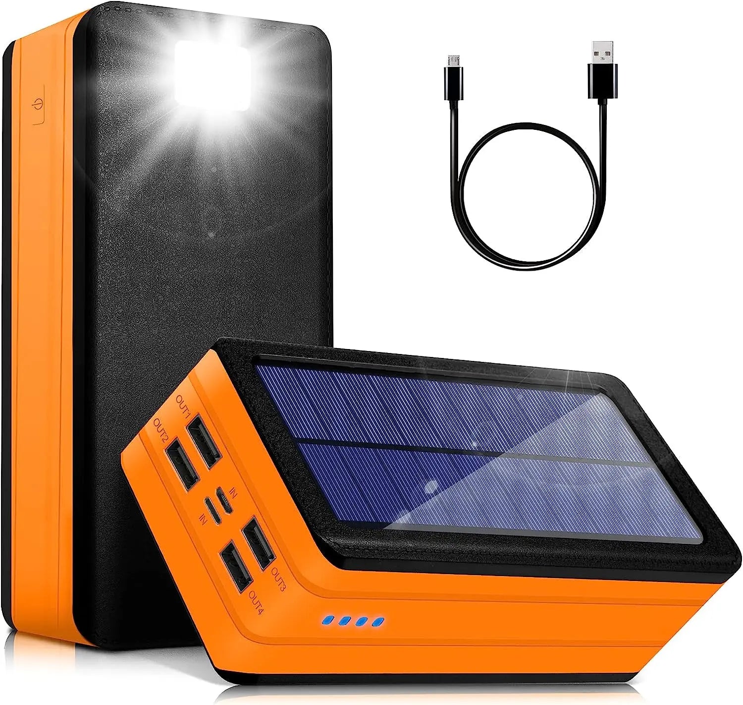 Solar Power Bank 50000Mah, Portable Solar Phone Charger with Flashlight, 4 Output Ports, 2 Input Ports, Solar Battery Bank Compatible with Iphone for Camping, Hiking, Trips