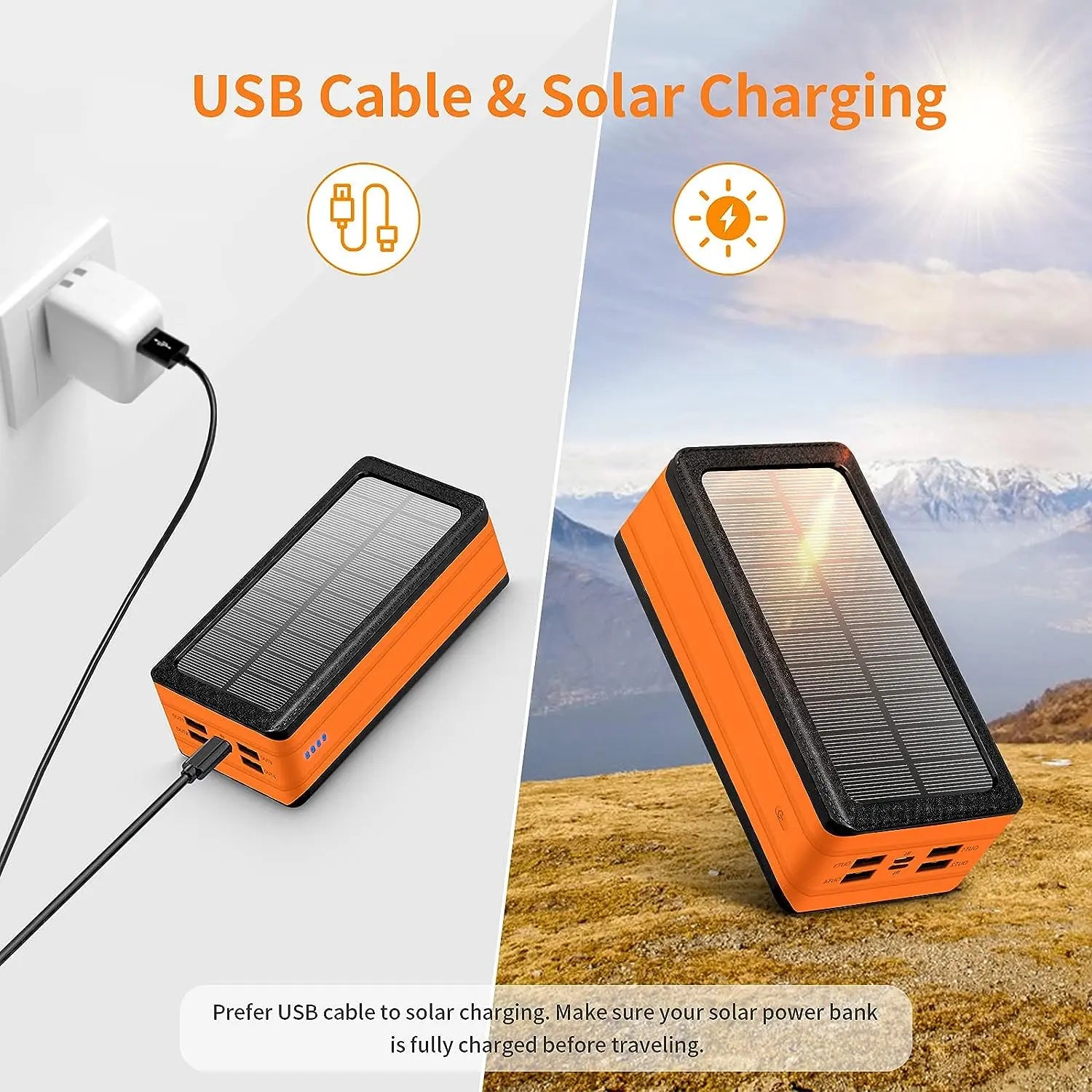 Solar Power Bank 50000Mah, Portable Solar Phone Charger with Flashlight, 4 Output Ports, 2 Input Ports, Solar Battery Bank Compatible with Iphone for Camping, Hiking, Trips