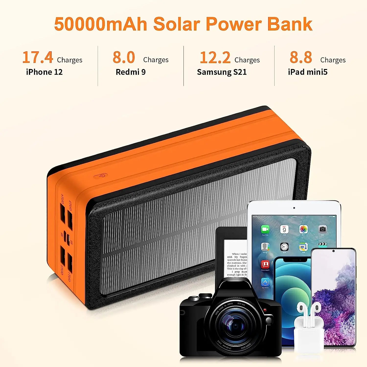  Solar Power Bank 50000mAh, Portable Solar Phone Charger with  Flashlight, 4 Output Ports, 2 Input Ports, Solar Battery Bank Compatible  with iPhone for Camping, Hiking, Trips : Cell Phones & Accessories