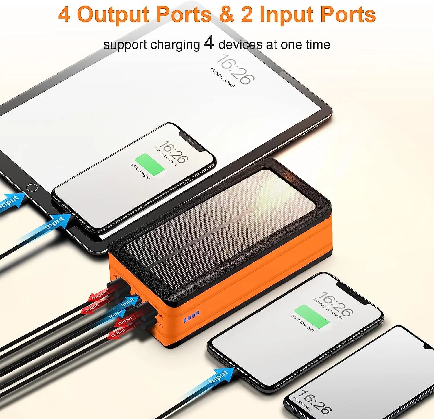 Solar Power Bank 50000Mah, Portable Solar Phone Charger with Flashlight, 4  Output Ports, 2 Input Ports, Solar Battery Bank Compatible with Iphone for